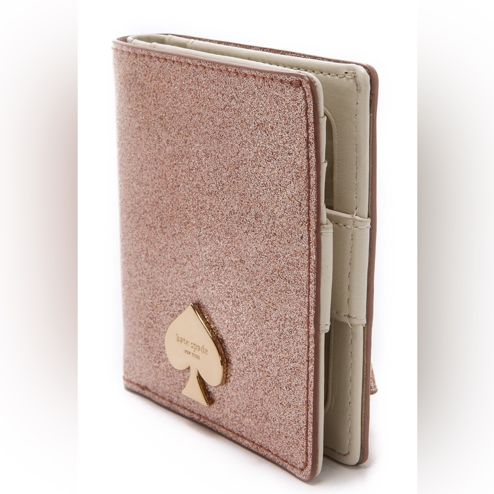 Kate Spade Pink rose gold glitter bifold wallet - cedar street small stacey